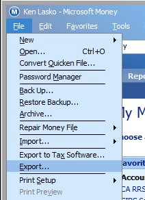 MS Money File Menu
