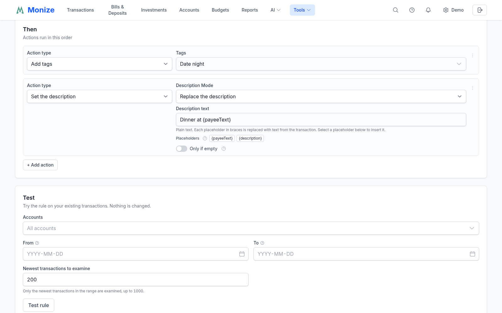 The Then section of a new rule: add the Date night tag, then replace the description with a text built from the payee