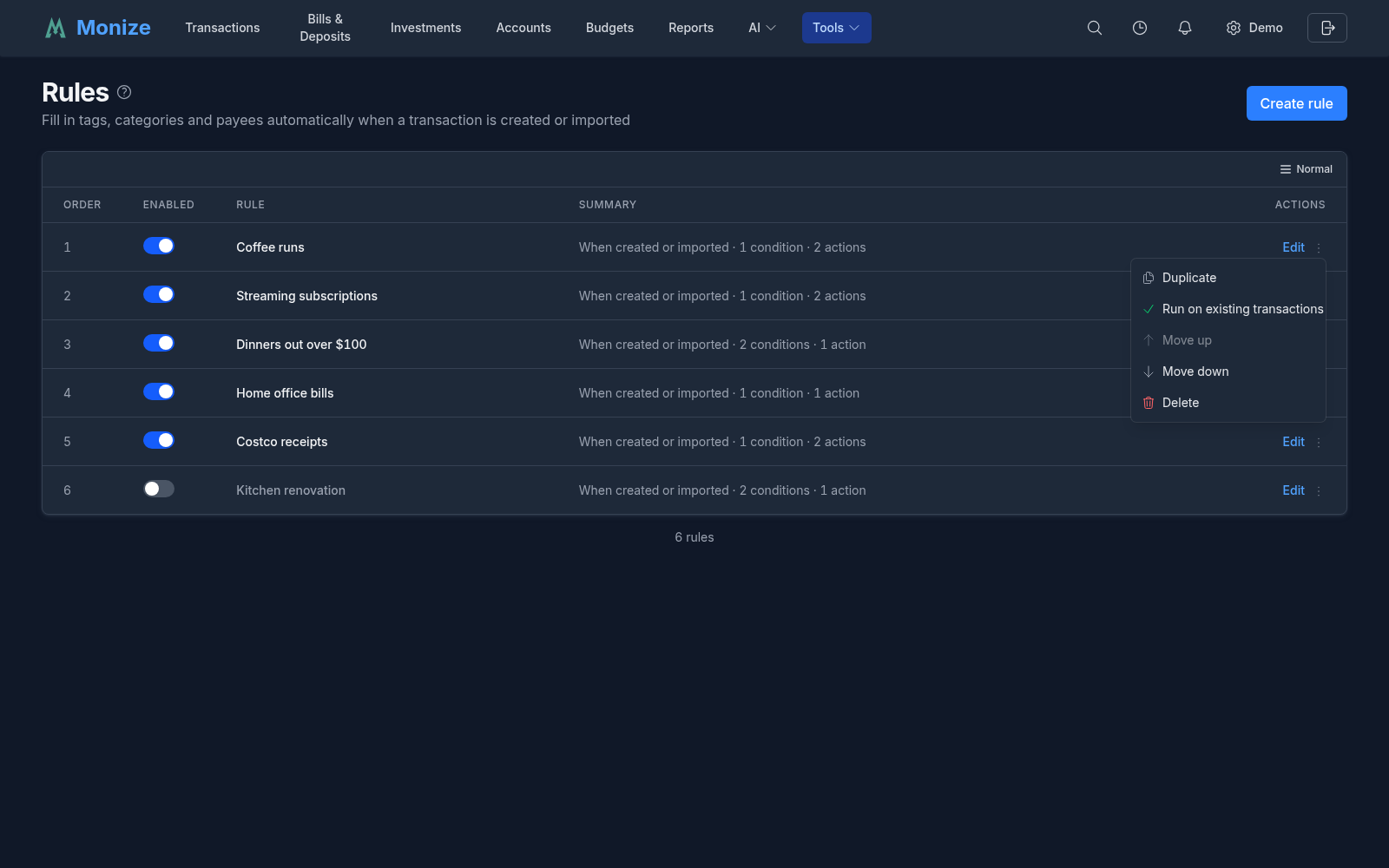The menu of a rule's row, with Duplicate, Run on existing transactions, Move up, Move down and Delete