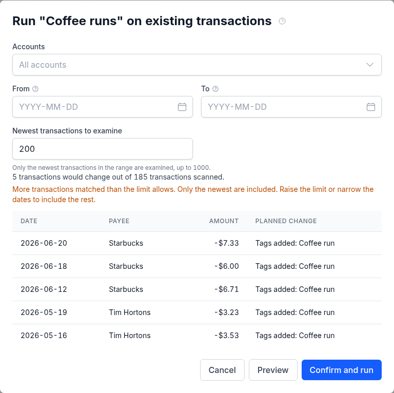 The Run dialog for the Coffee runs rule after Preview: the older coffee-shop purchases that would get the Coffee run tag, with Confirm and run below