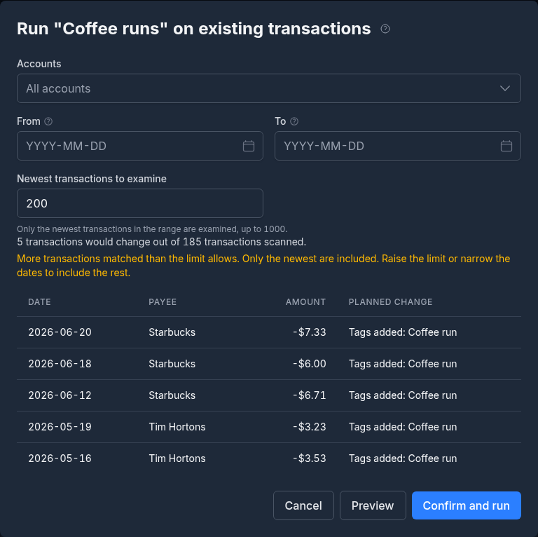 The Run dialog for the Coffee runs rule after Preview: the older coffee-shop purchases that would get the Coffee run tag, with Confirm and run below