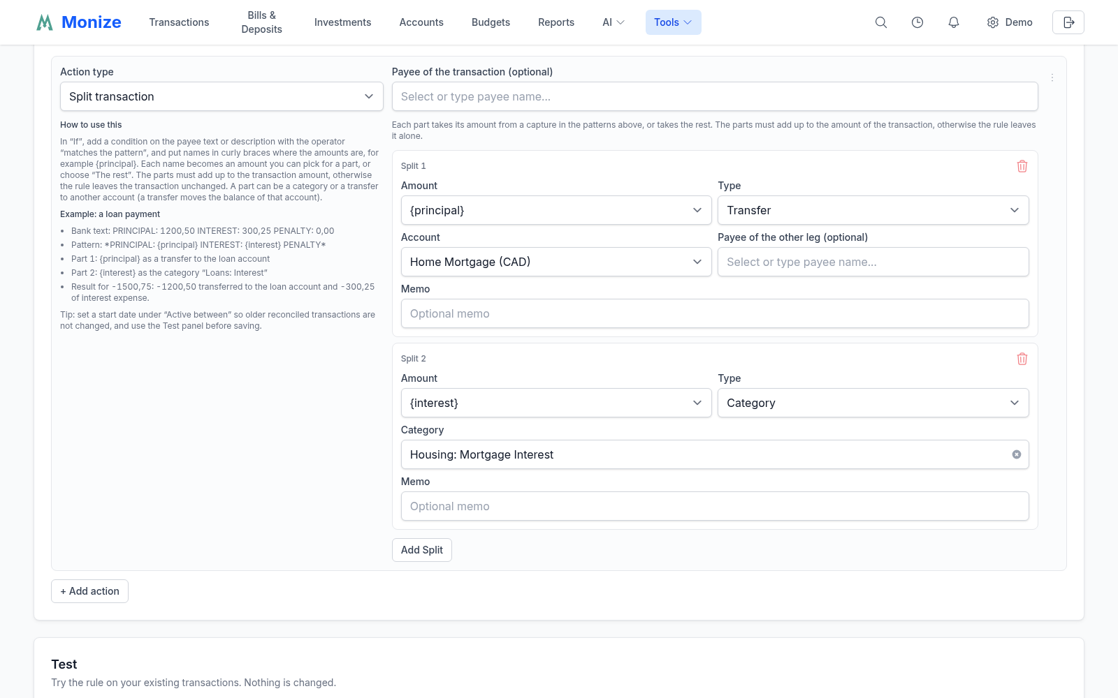 A Split transaction action: the principal captured from the description goes to the Home Mortgage account as a transfer and the interest to the Mortgage Interest category, with the card's How to use this guide beside them
