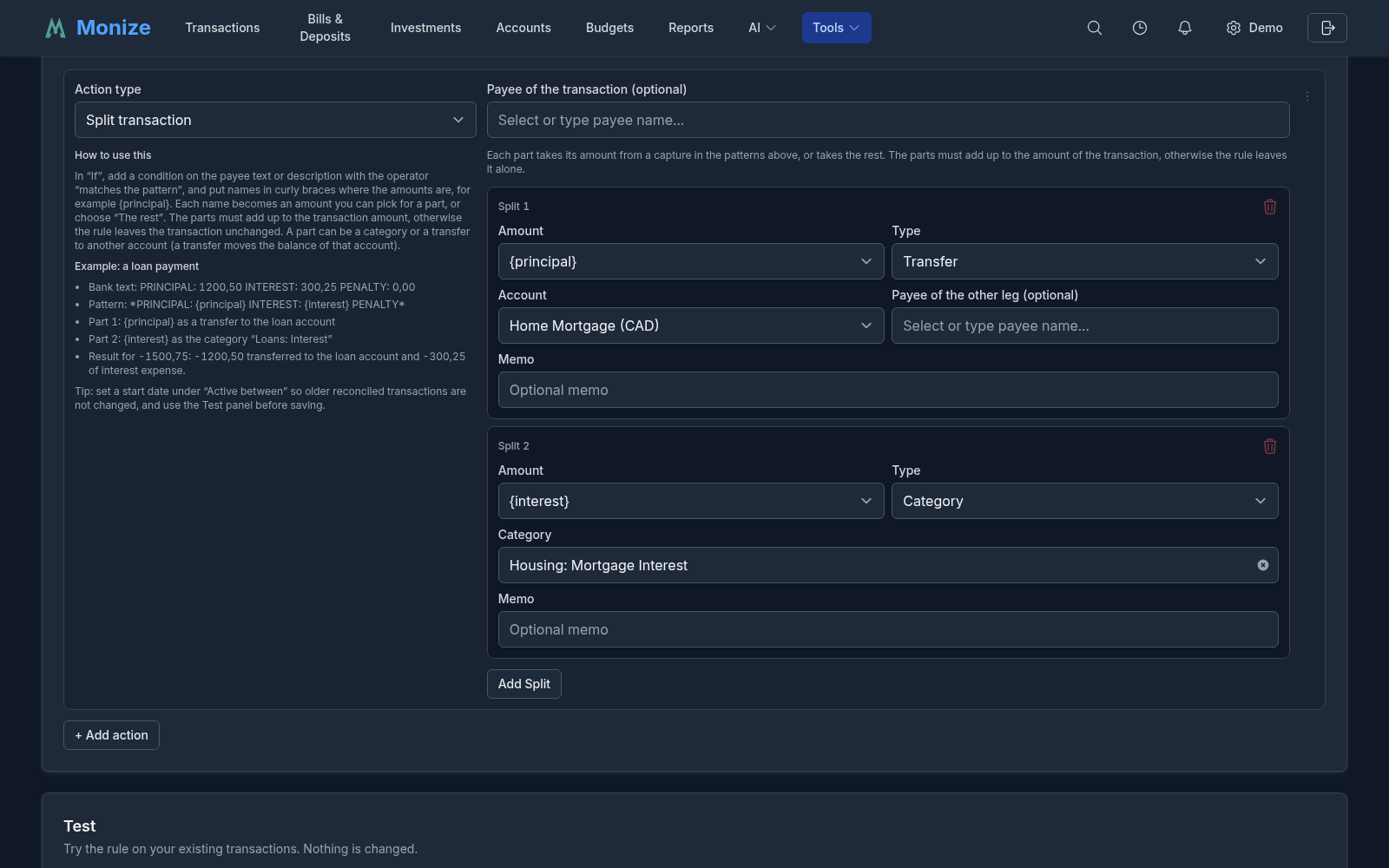 A Split transaction action: the principal captured from the description goes to the Home Mortgage account as a transfer and the interest to the Mortgage Interest category, with the card's How to use this guide beside them