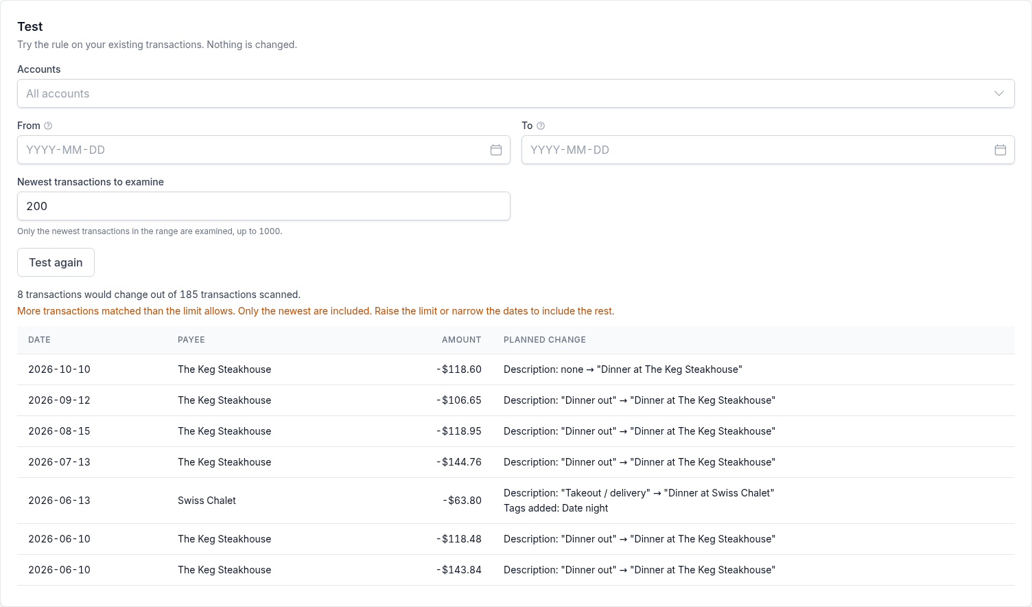 The Test panel after Test rule: how many transactions would change out of those examined, and each one with its new description and, where it lacks it, the Date night tag