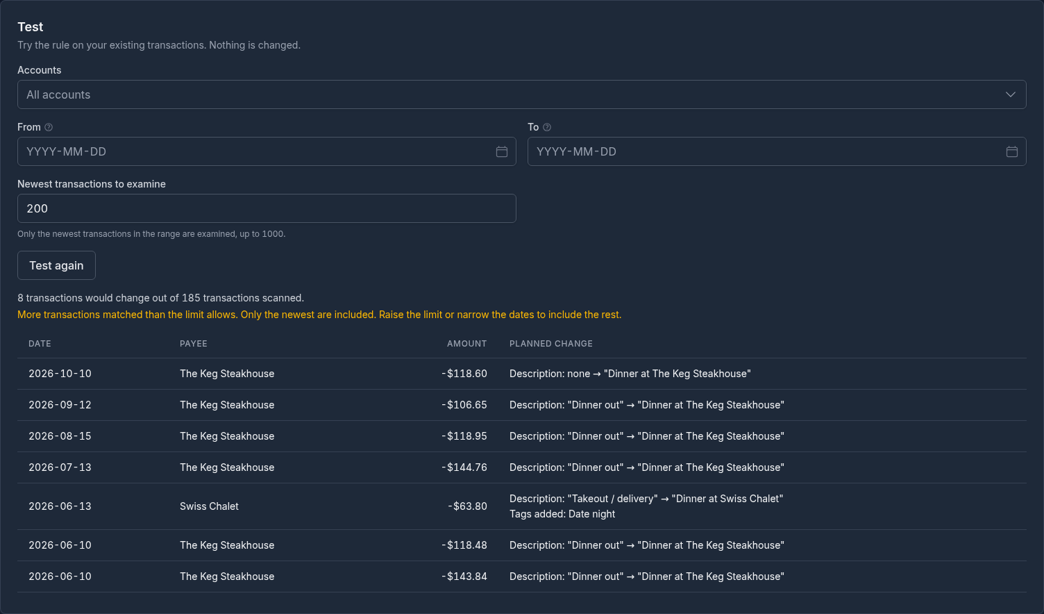 The Test panel after Test rule: how many transactions would change out of those examined, and each one with its new description and, where it lacks it, the Date night tag