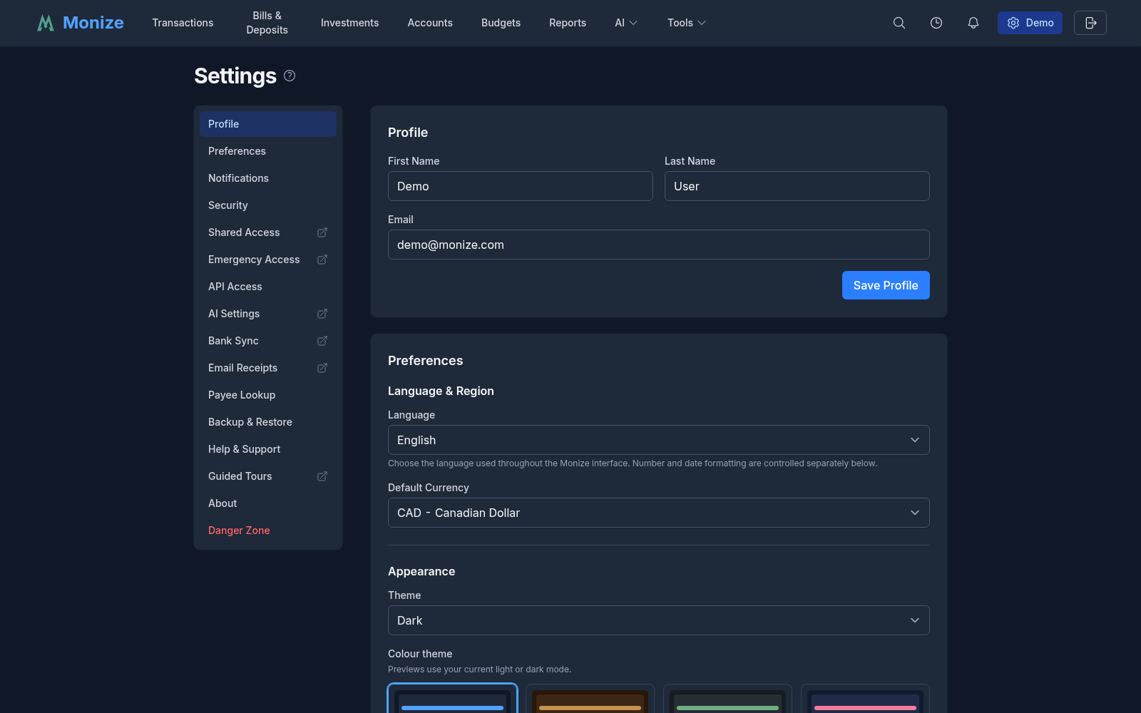Settings Page