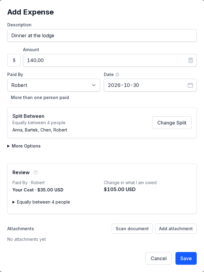 An expense for dinner at the lodge: description, amount, the payer and the split between the group