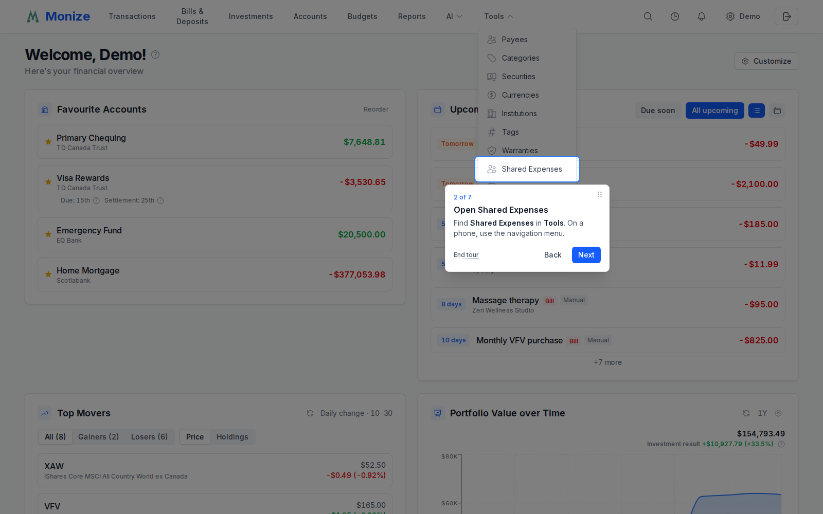 The shared expenses tour highlights its entry in the Tools menu