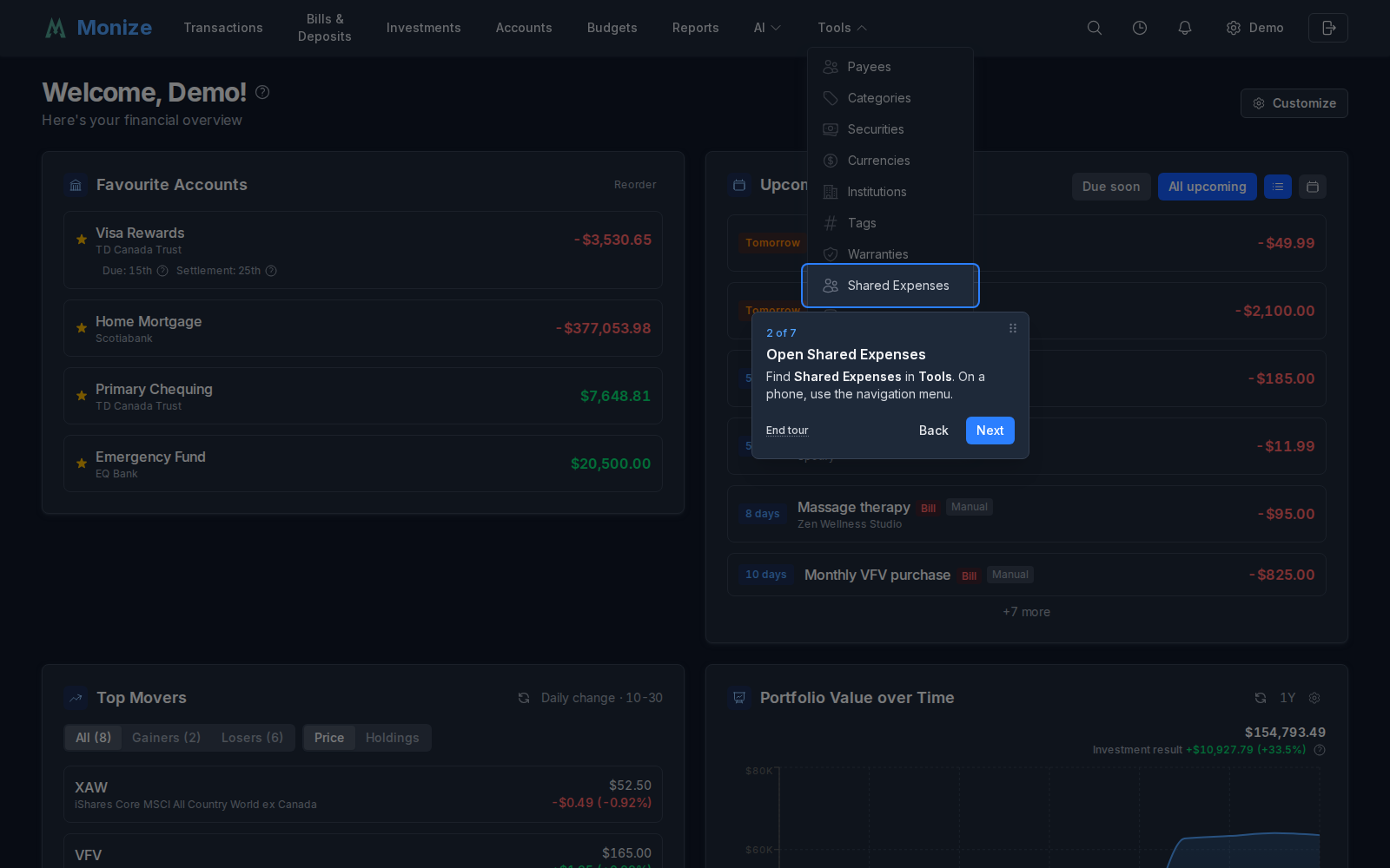 The shared expenses tour highlights its entry in the Tools menu