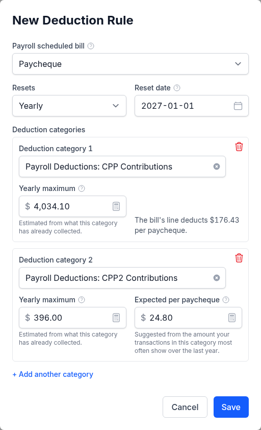 The New Deduction Rule dialog: the Paycheque bill, a yearly reset on 1 January, and two deduction categories with their yearly maximums estimated from earlier years, one deducting the bill's line and one, whose line is zero, with a suggested amount per paycheque