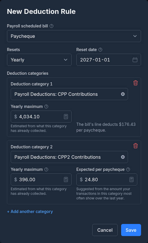 The New Deduction Rule dialog: the Paycheque bill, a yearly reset on 1 January, and two deduction categories with their yearly maximums estimated from earlier years, one deducting the bill's line and one, whose line is zero, with a suggested amount per paycheque